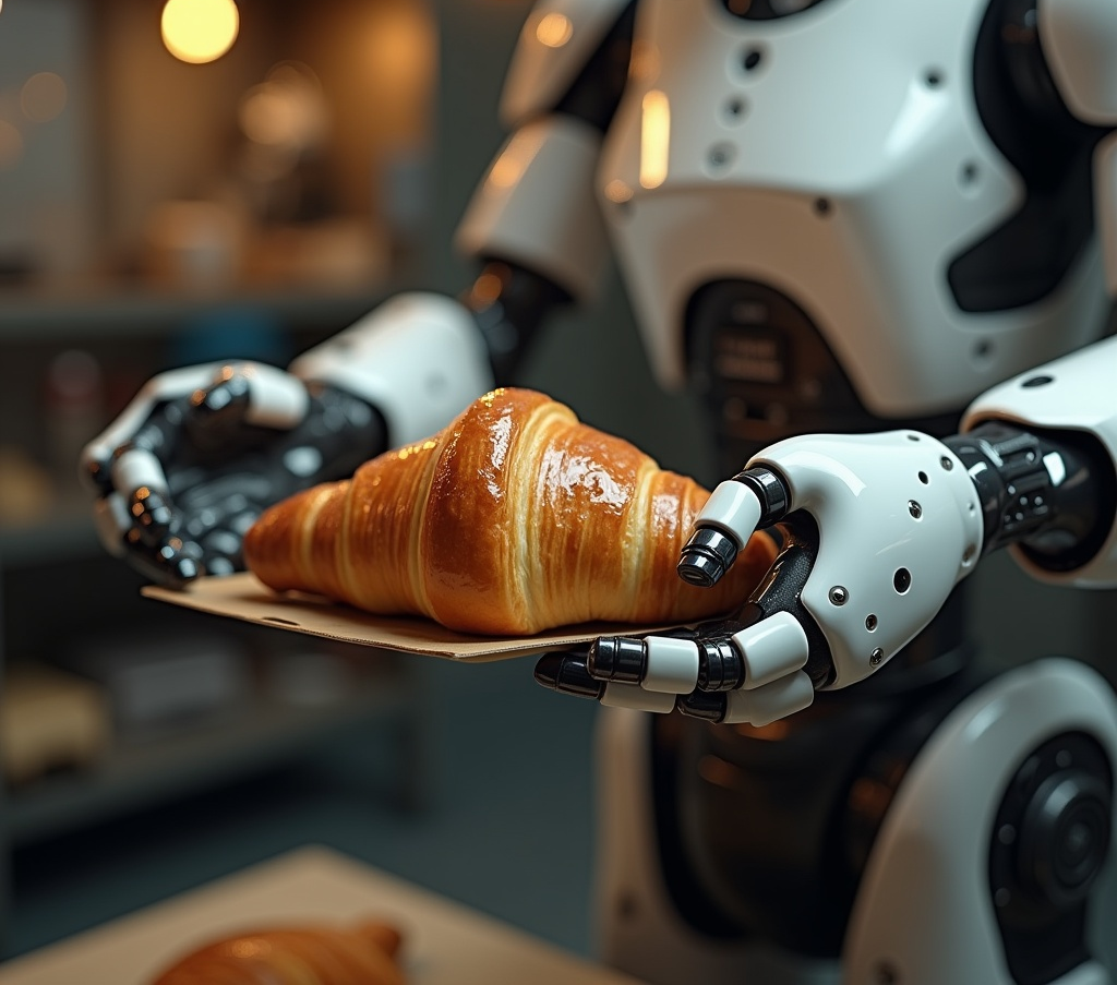 Ein humanoider Roboter serviert ein Croissant auf einem Tablett. Symbolbild zur Veranstaltung "Technologie & Croissant" der Digitalagentur Niedersachsen.next. Foto erstellt mit Hilfe von KI (neuroflash).